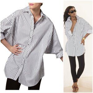 GO SILK Striped Cotton Big Shirt Blouse Long-Sleeve Button-Up Oversized size XL